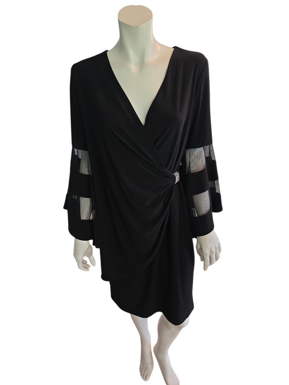 R & M Richards Black Faux-Wrap Midi Dress with Mesh Bell Sleeves
